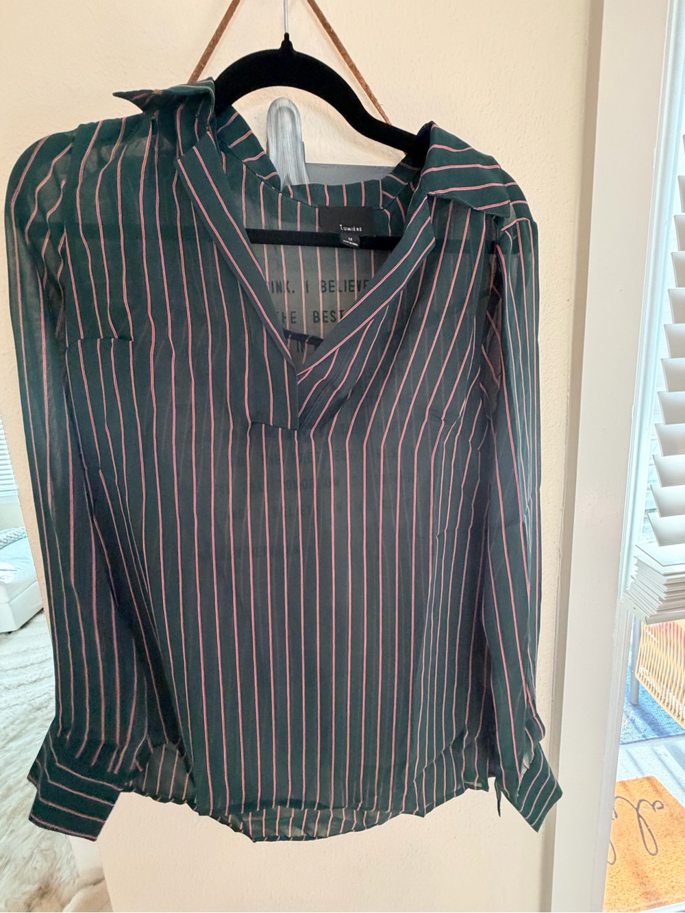 Lumiere Forest Green Blouse with Pink Pinstripes
